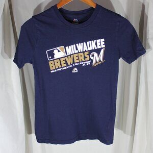 Majestic MLB Milwaukee Brewers Navy Blue Short Sleeve T-shirt - Sz Youth M 10/12